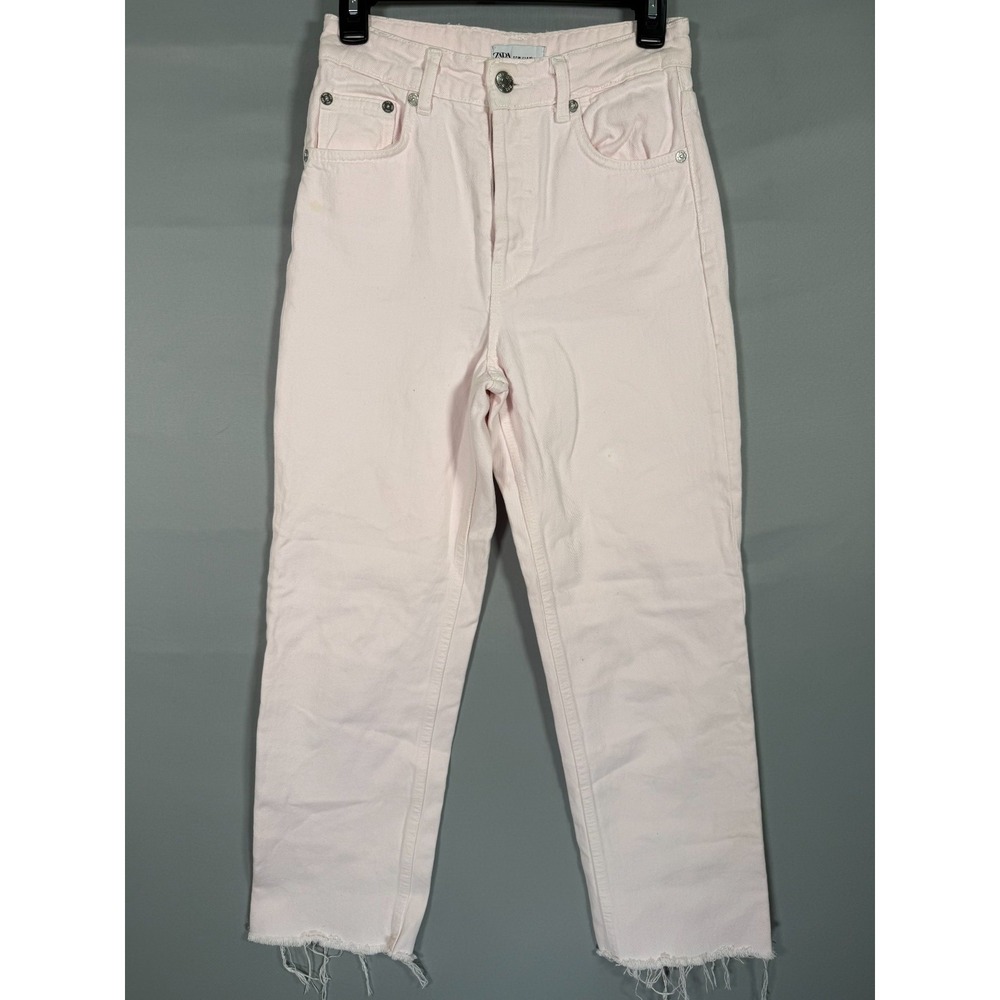 Zara Jeans Women US 4‎ Straight Leg Raw Hem Light Pink High Waist Denim Casual